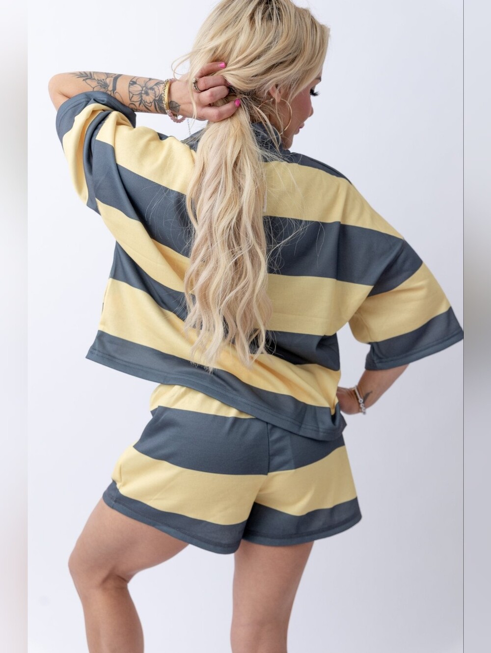LovLov 2 Piece Set Yellow Grey Rugby Striped Half Zip Shorts Lounge L - Picture 4 of 12